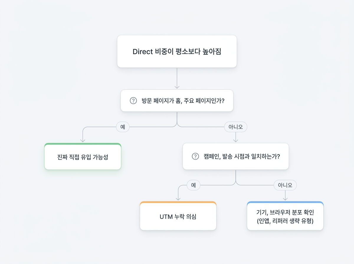 Direct 비중이 높아졌을 때의 진단 순서. 방문 페이지 확인이 진단의 핵심입니다.