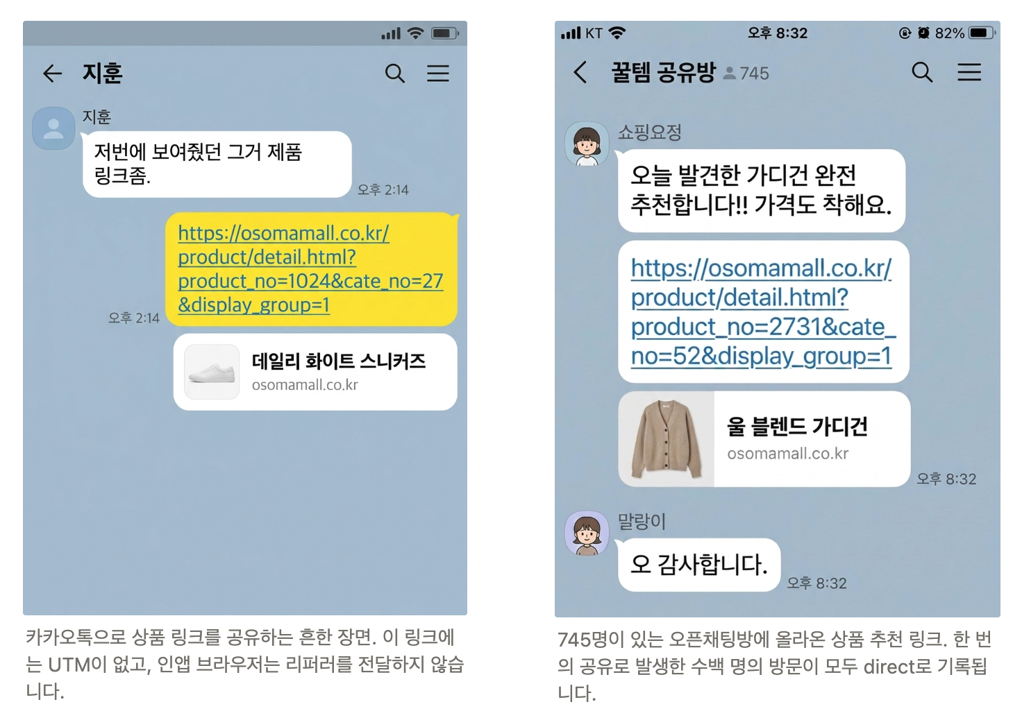 카카오톡으로 상품 링크를 공유하는 흔한 장면. 이 링크에는 UTM이 없고, 인앱 브라우저는 리퍼러를 전달하지 않습니다.