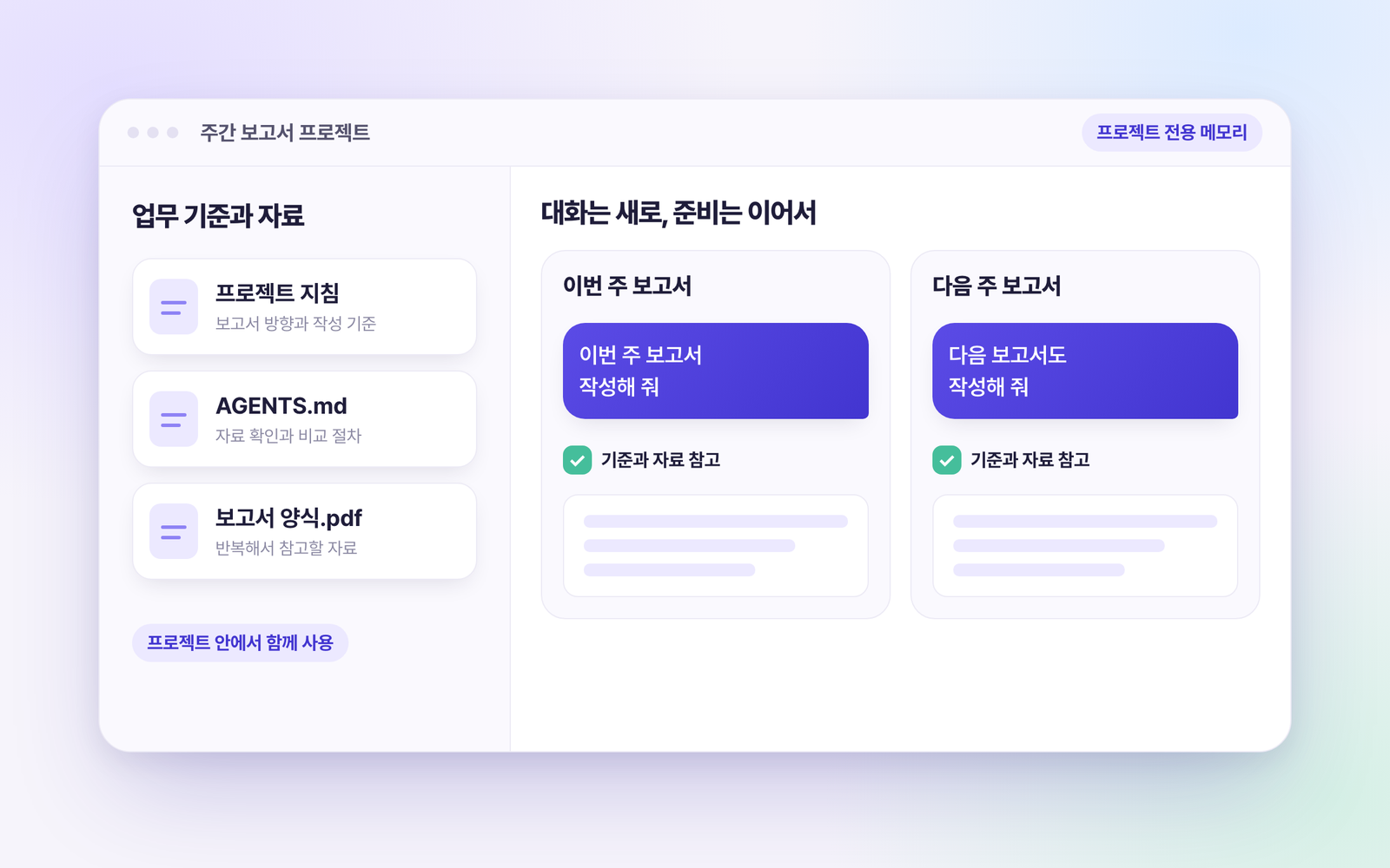 주간 보고서 프로젝트에 프로젝트 지침, AGENTS.md, 보고서 양식을 넣어두고 이번 주와 다음 주 보고서를 각각 새 채팅에서 같은 기준과 자료로 작성하는 구조