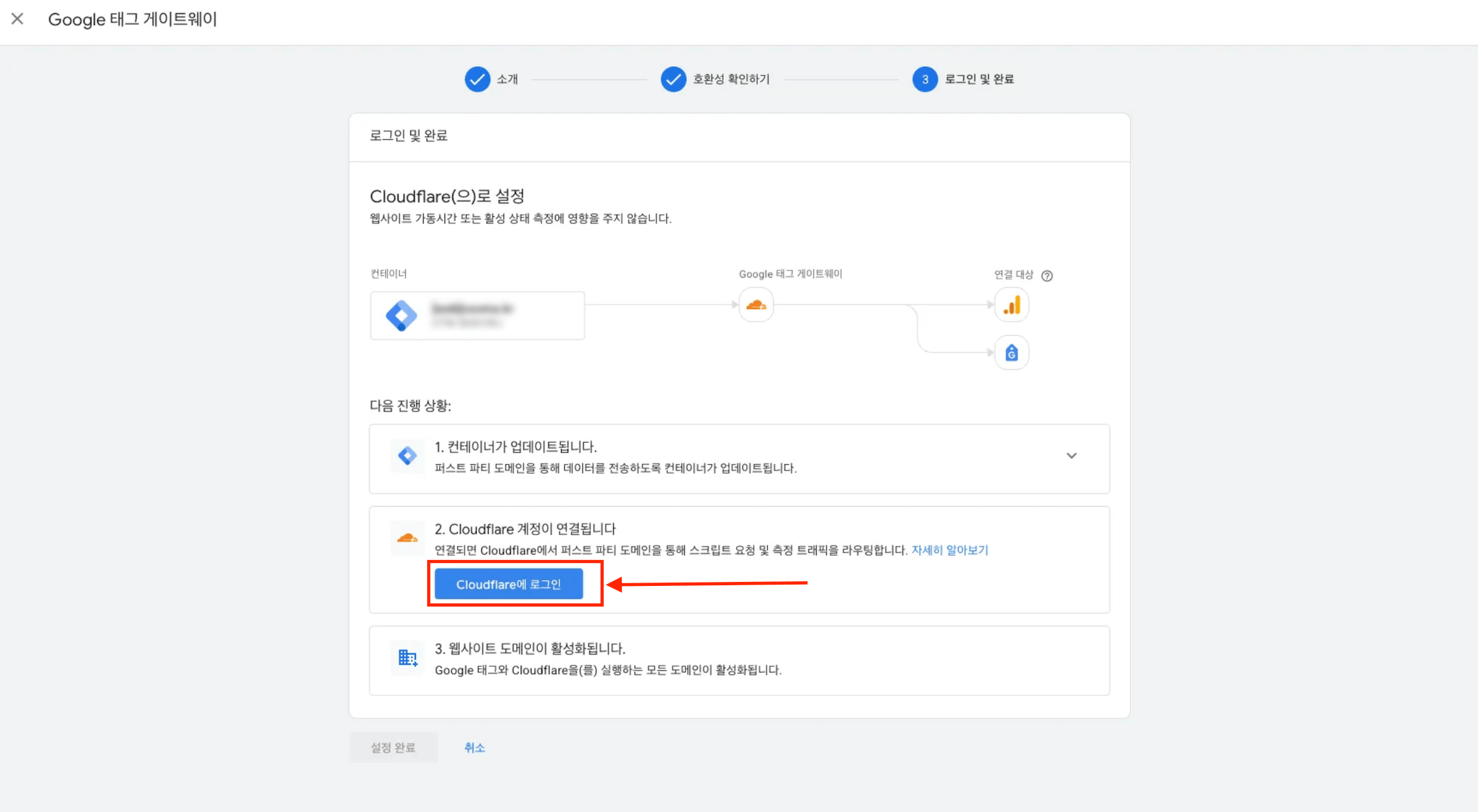 Cloudflare 로그인 후 설정 완료 단계 화면